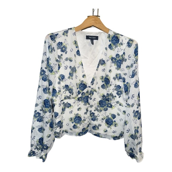 ModCloth Ivory Blue Floral V Neck Peplum Blouse XL Romantic Cottagecore - Picture 5 of 6